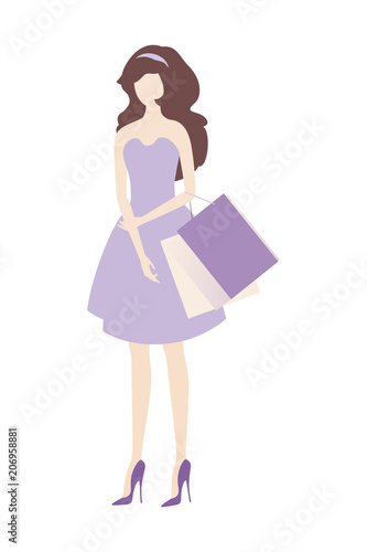 Elegant young woman in light Purple dress with shopping bags. Vector