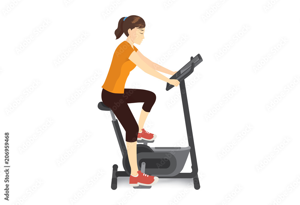 Woman doing exercise with stationary bicycle for firming her body. Illustration about workout machine. Woman doing exercise with stationary bicycle for firming her body. Illustration about workout machine.