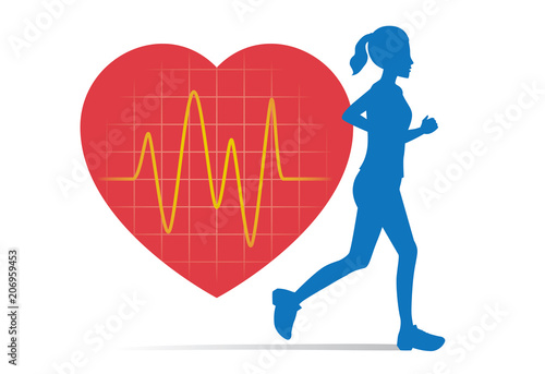 Silhouette of Woman jogging in sportswear and line of pulse during a workout. Illustration about heart rate while exercise.