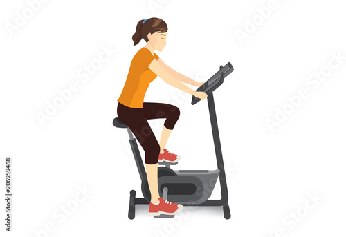 Woman doing exercise with stationary bicycle for firming her body. Illustration about workout machine. 