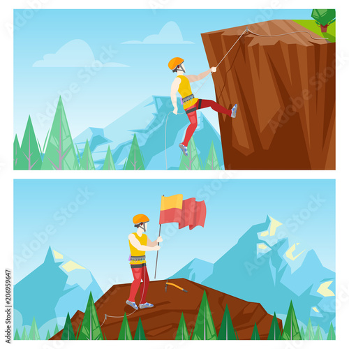 Climber vector illustration. Man climbing to rock. Mountaineer with flag on top of mountain.