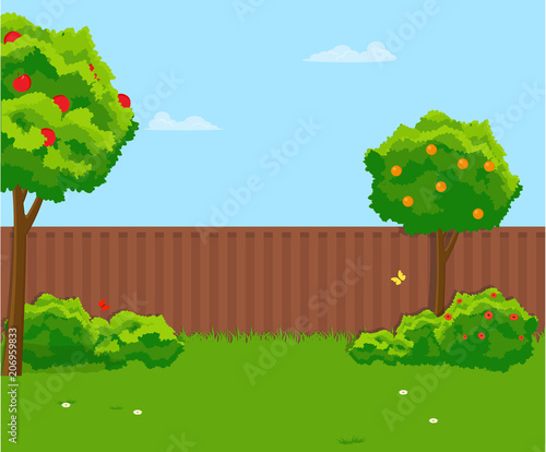 Sunny back yard with green lawn, fence, fruit trees. Vector flat illustration.