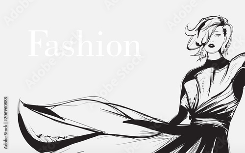 Tapety do Garderoby  black-and-white-retro-fashion-model-in-sketch-style-hand-drawn-vector-illustration