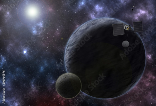 Fototapeta Naklejka Na Ścianę i Meble -  Satellite flying to vibrant outer space with stars, nebula and planets.