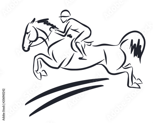 A sketch of a rider on a horse jumping over an obstacle.