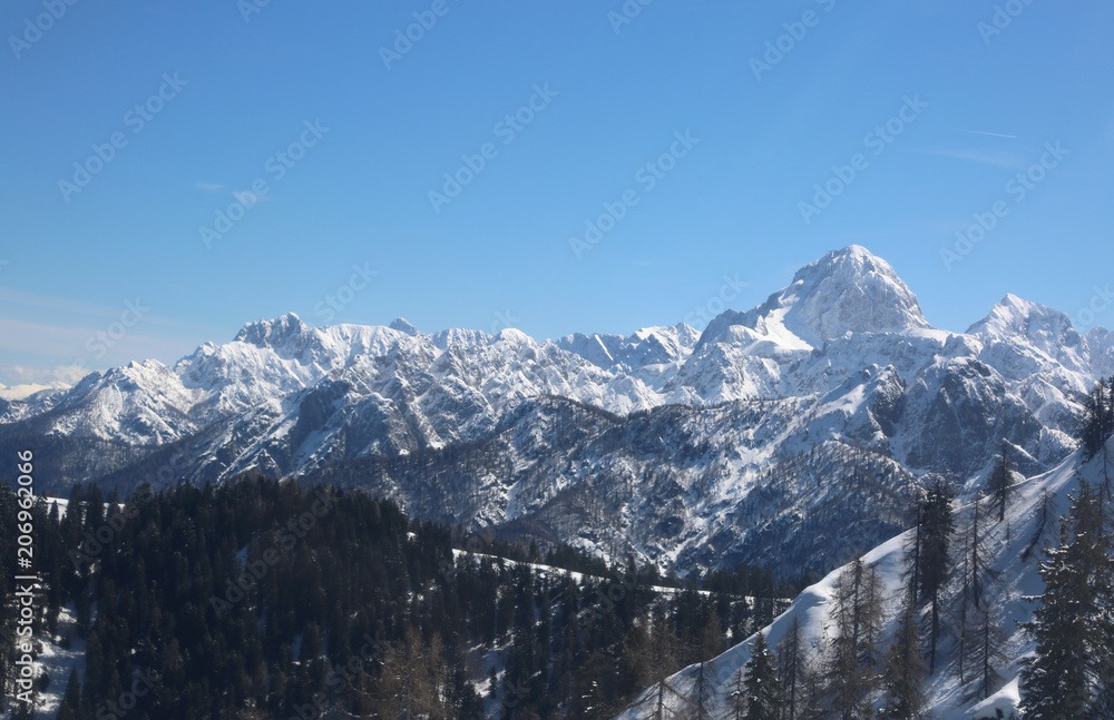 great panormaric view of moutains with snow in winter