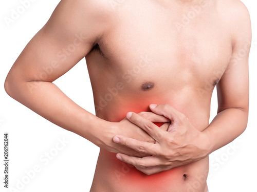 man stomach suffering from stomachache or Gastroenterologist Concept with Healthcare And Medicine. Pain in red color. Isolate on white background photo