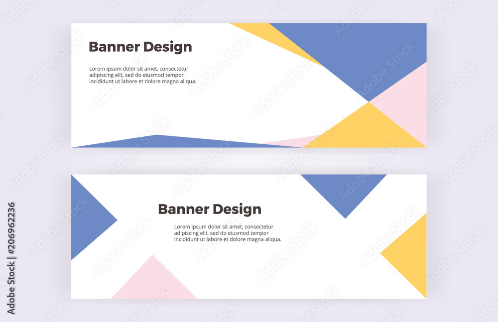 Geometric banners with blue, pink and yellow triangles on the white background. Modern and trendy design with shapes. Template for card, flyer, invitation, business, layout