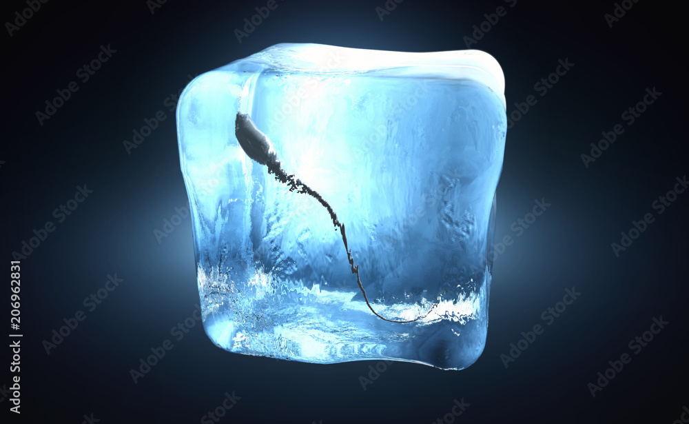 3d illustration of a sperm cell frozen into ice cube 3d illustration of a sperm cell frozen into ice cube