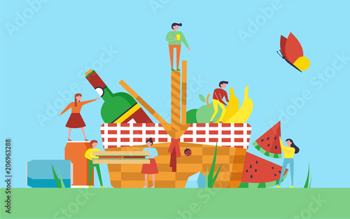 Picnic illustration. Little people on nature with picnic basket, sandwich, fruits, wine and soda