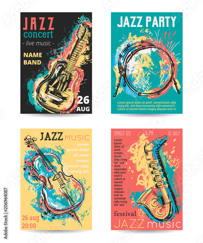 Jazz music party with musical instruments. Saxophone, guitar, cello, drum kit with grunge watercolor splashes. Design template for invitation, card, poster, placard and flyer. Vector illustration 