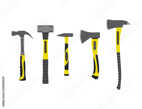 Vector illustration. Set of axes and hammers.