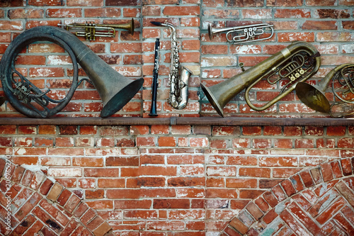 Set of old brass musical instruments. photo