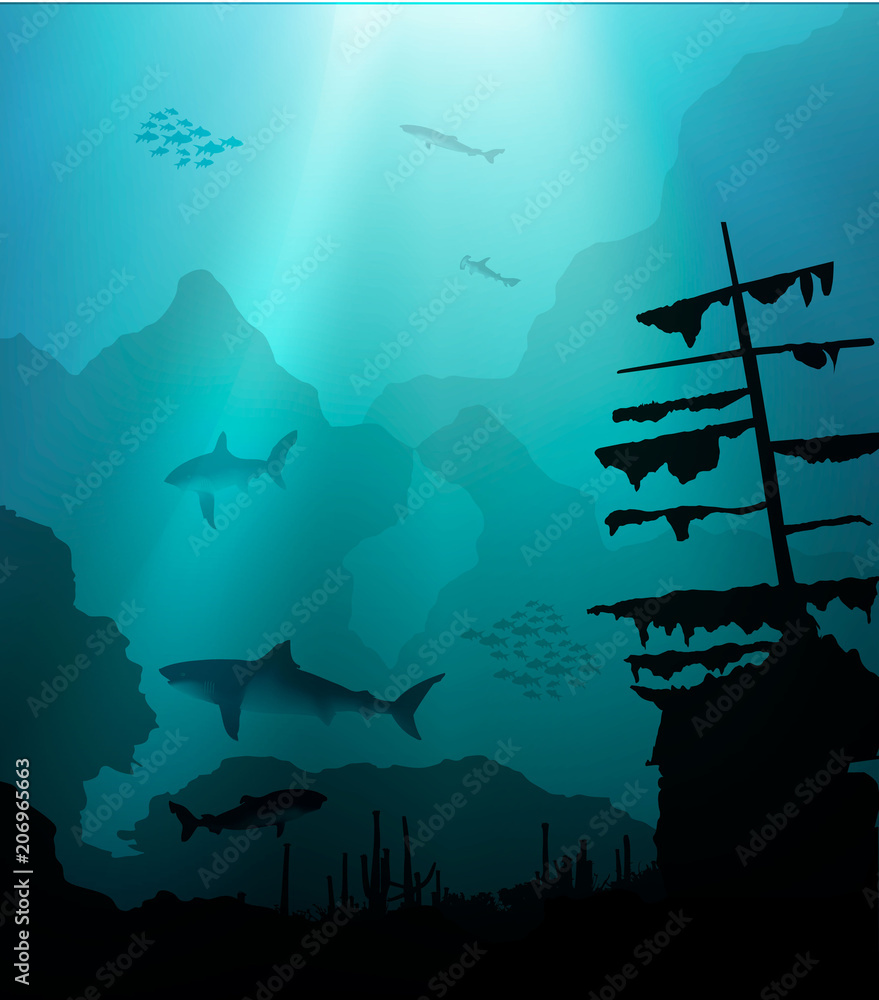 Obraz premium underwater world with sharks and sunken ship
