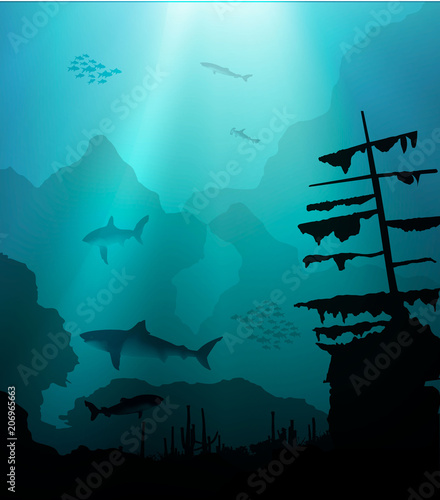 underwater world with sharks and sunken ship