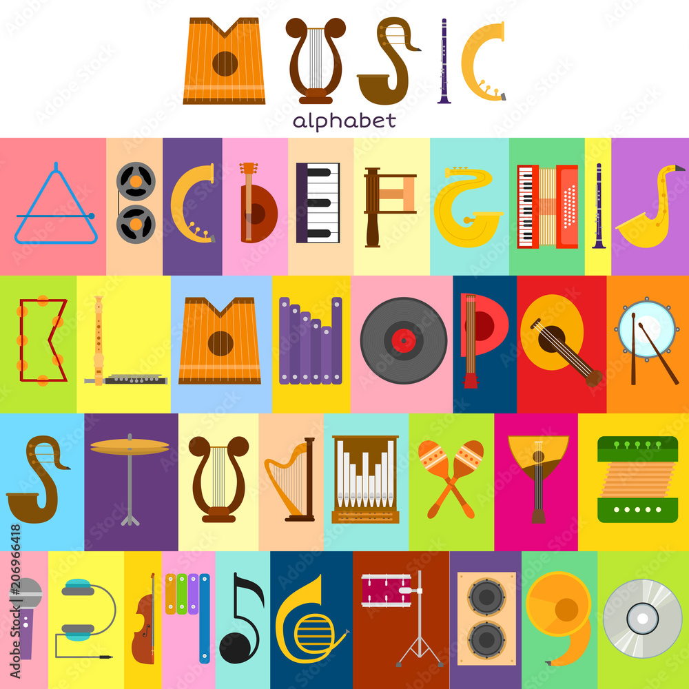 Music alphabet font text symbols musical instrument decorative education notes hand mark calligraphy musician poster vector illustration