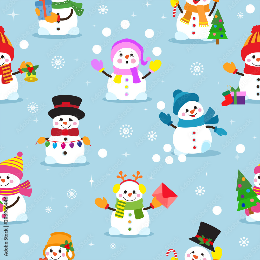 Fototapeta premium Snowman cartoon vector winter christmas character holiday merry xmas snow boys and girls illustration seamless pattern background