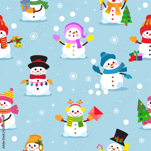 Snowman cartoon vector winter christmas character holiday merry xmas snow boys and girls illustration seamless pattern background © creativeteam