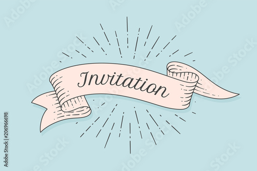 Invitation. Greeting card with ribbon and word Invitation. Old ribbon banner in engraving style. Old school vintage ribbon for banners, posters, gift cards, greeting cards, web. Vector Illustration