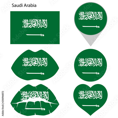 Flag of Saudi Arabia, set. Correct proportions, lips, imprint of kiss, map pointer, heart, icon. Abstract concept. Vector illustration on white background.