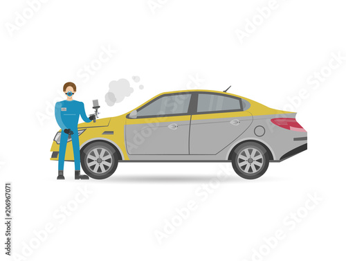 Auto mechanics in uniform car painting icon. Car diagnostics and repair services vector illustration.