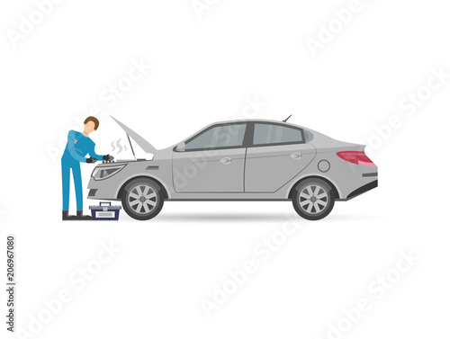 Auto mechanics in uniform check and repair engine icon. Car diagnostics and repair services vector illustration.