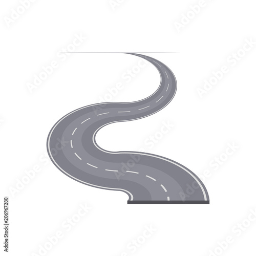 Winding curved highway with markings element. Asphalt road in perspective isolated vector illustration.