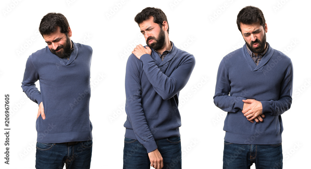 Set of Handsome brunette man with beard with shoulder pain, backache and stomachache Set of Handsome brunette man with beard with shoulder pain, backache and stomachache