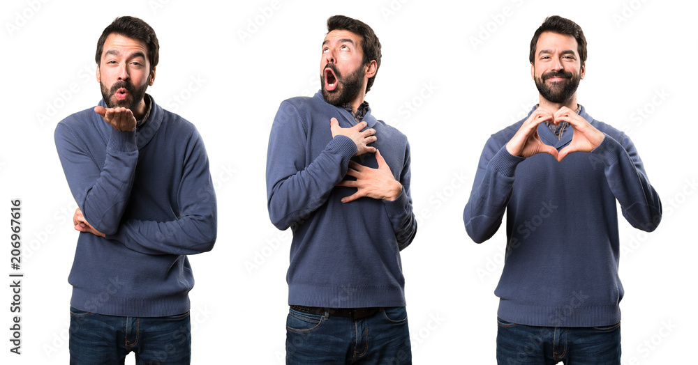Set of Handsome brunette man with beard in love Set of Handsome brunette man with beard in love