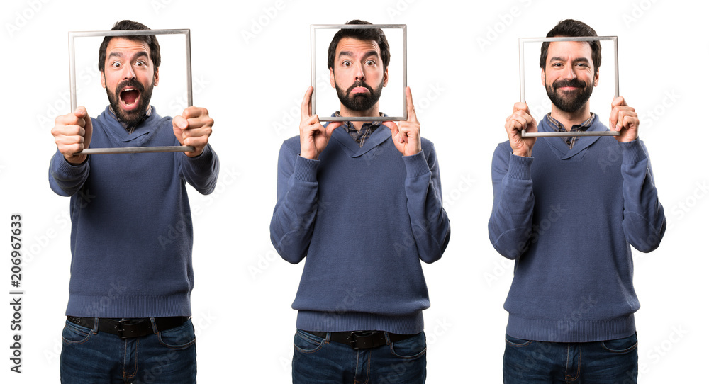 Obraz premium Set of Sad Handsome brunette man with beard with framework