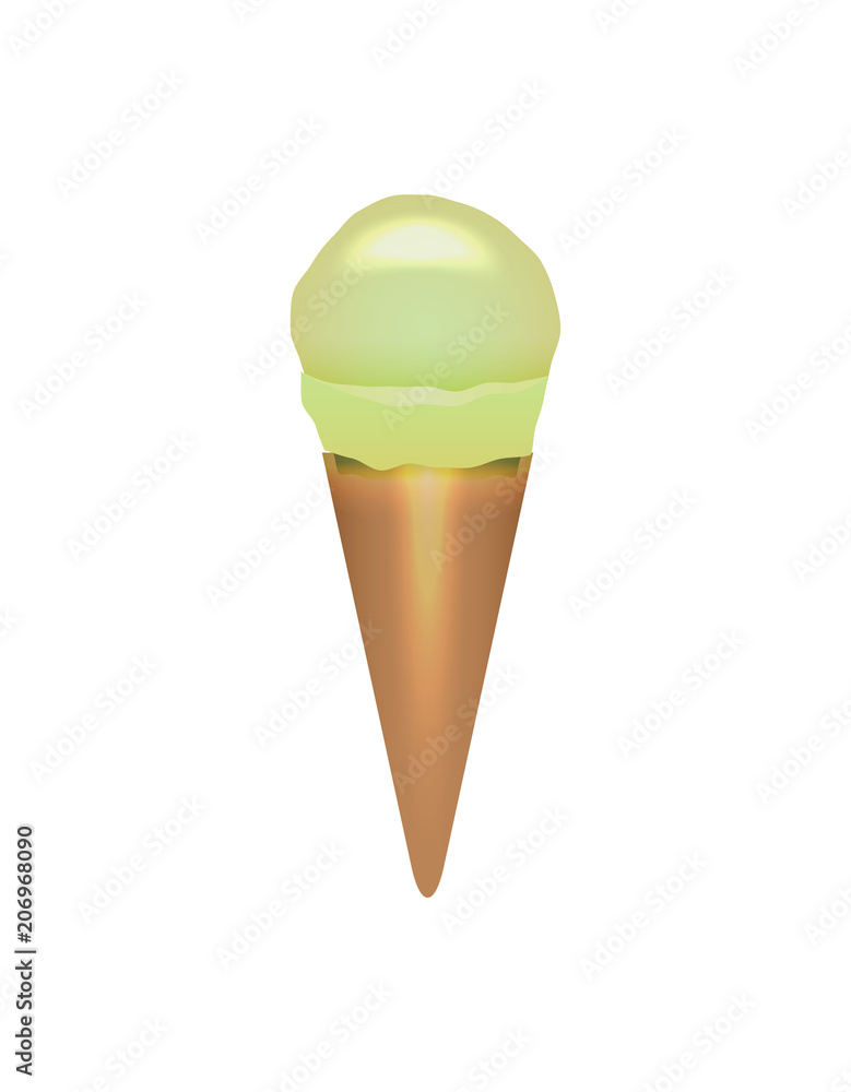 Pistachio ice cream cone isolated on white background icon. Street fast food, sweet milky dessert vector illustration in flat style Pistachio ice cream cone isolated on white background icon. Street fast food, sweet milky dessert vector illustration in flat style