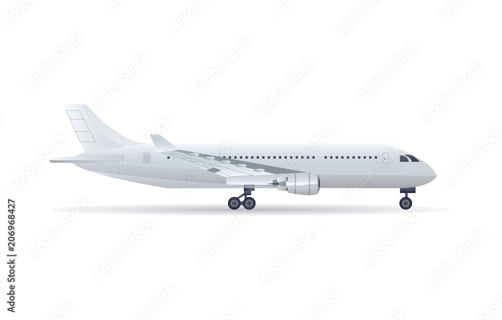 Side view jet airplane on the ground isolated vector icon. Passenger aircraft, air transportation, commercial airline vector illustration.