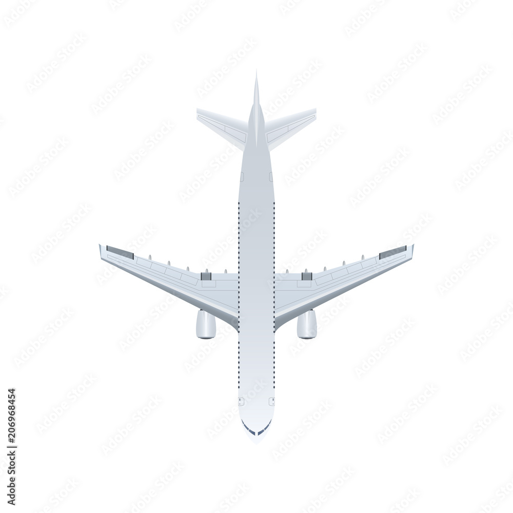 Top view jet airplane isolated vector icon. Passenger aircraft, air transportation, commercial airline vector illustration.