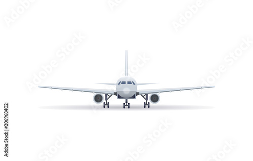 Front view jet airplane on the ground isolated vector icon. Passenger aircraft  air transportation  commercial airline vector illustration.