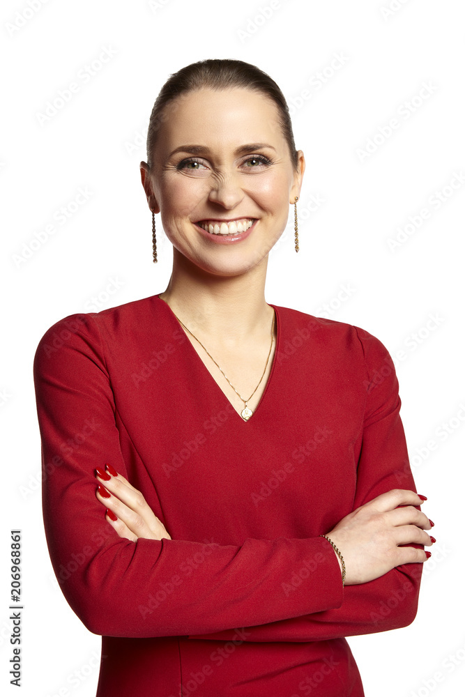 Cheerful Young Woman in a Red Dress Cheerful Young Woman in a Red Dress