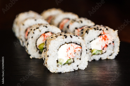 dishes of Japanese cuisine rolls with fish