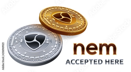 NEM. Accepted sign emblem. Crypto currency. Golden and silver coins with NEM symbol isolated on white background. 3D isometric Physical coins with text Accepted Here. Stock vector illustration.