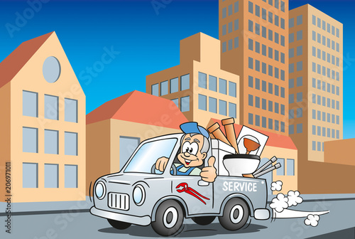 Handwerker Installateur im Servicewagen fährt durch die Stadt, Cartoon Szene © jokatoons