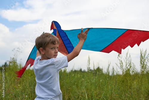 Boy launches into the blue sky a kite.