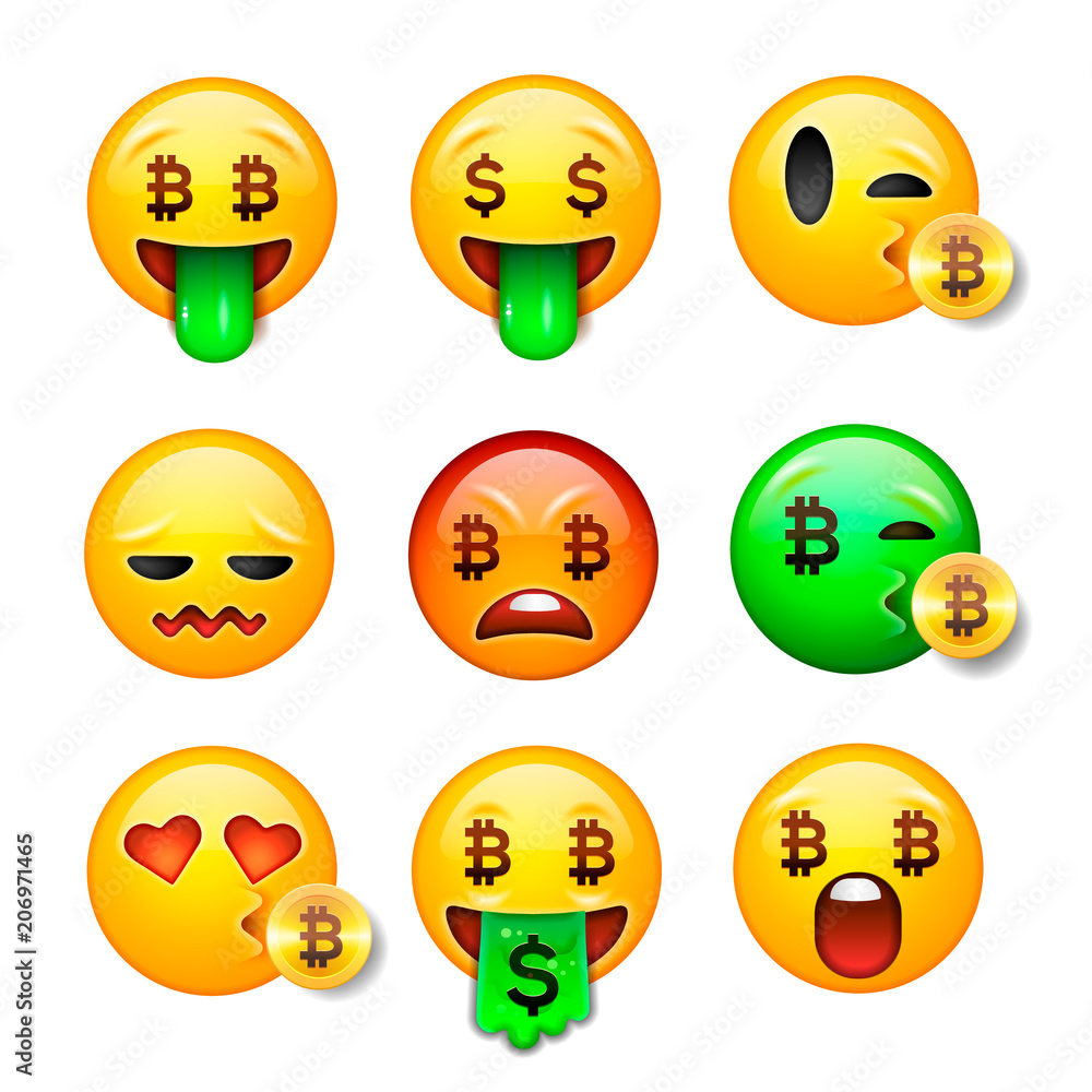 Fototapeta premium Bitcoin smiley emoji set, emoticon smiling face, 3d, vector illustration.