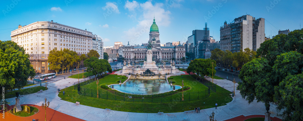 Panorama of the city of Buenos Aires. Aerial panorama of the square near Congreso at sunny day. Argentina - obrazy, fototapety, plakaty 