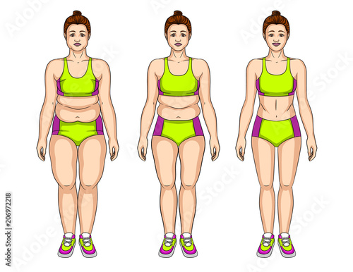 Vector colorful illustration of young woman before and after slimming. Steps Body transformation of a girl