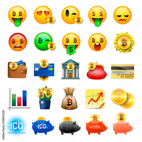 Set of cute smiley emoticons, emoji design, bicoin, business, crypto currency icons, vector ilustration.