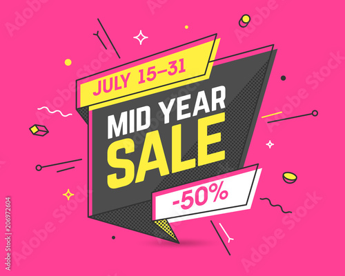 Mid Year Sale banner template in flat trendy memphis geometric style, retro 80s - 90s paper style poster, placard, web banner design