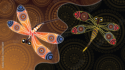 Aboriginal art vector painting with dragonfly. Illustration based on aboriginal style of landscape background.