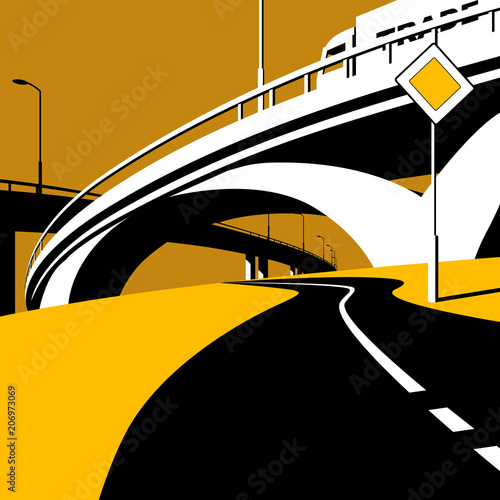 Highway overpass and road in flat style