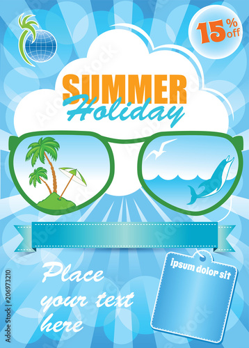 Sea Summer Holiday Template, vector blue background, vacation flyer