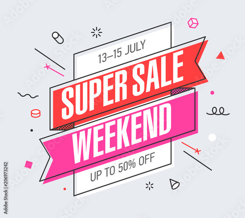 Weekend Super Sale banner template in flat trendy memphis geometric style, retro 80s - 90s paper style poster, placard, web banner design