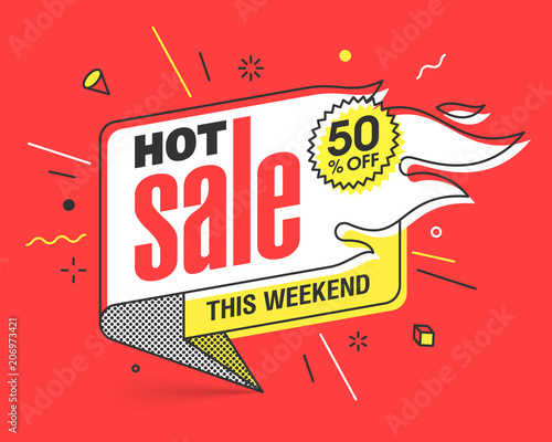 Hot Sale banner template in flat trendy memphis geometric style, retro 80s - 90s paper style poster, placard, web banner design