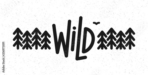 Vector flat illustration: Line typography lettering of Wild pine forest and bird.